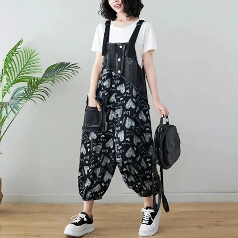 Women's Personalized Printed Denim Bib Women's Spring Summer Loose Slim Hanging Crotch Jumpsuit High Waist Casual Fashion Pants