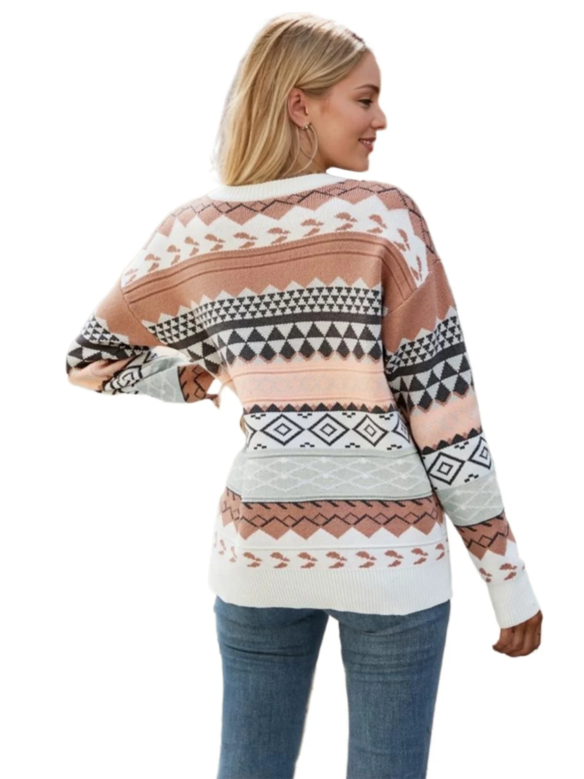 Sweter damski z dzianiny o luźnym kroju, z retro wzorem w romby, okrągły dekolt, idealny na jesień i zimę, zapewniający efekt odmładzający.