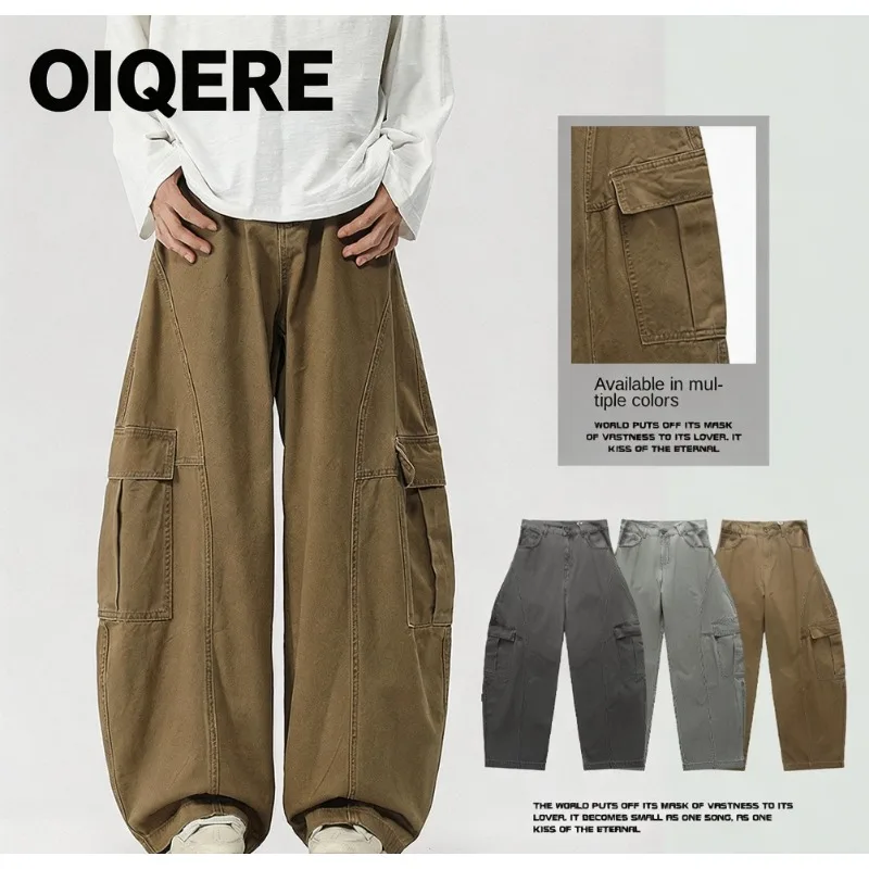 OIQERE American Vintage Mens Curved Leg Jeans Loose Wide Leg Draped Three Dimensional Cut Casual Denim Long Trousers