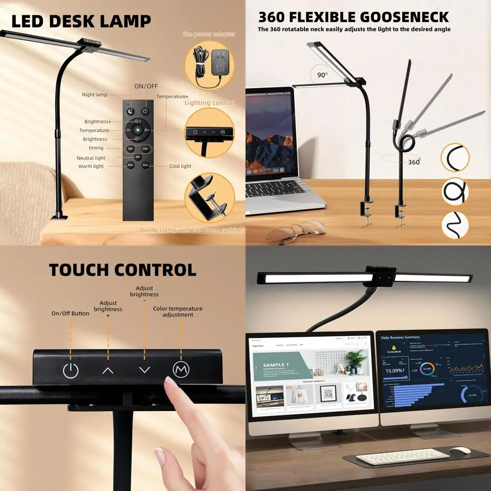 

Clamp-on Gooseneck Desk Lamp with Remote Control, Eye-Care LED Light for Home, Office, and Study