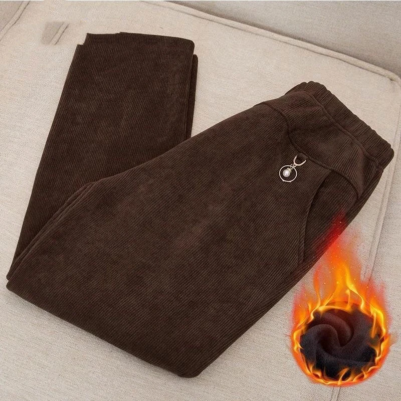 Simplicity Casual Autumn/Winter Solid Plus Velvet Women's Elastic Waist Pockets Fashion All-match Corduroy Loose Straight Pants
