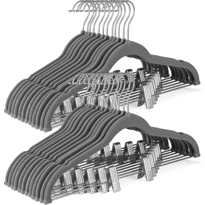 Velvet Skirt Hangers 24 Pack, Beige Velvet Hangers with Adjustable Clips, Space Saving Slim Velvet Pant Hangers