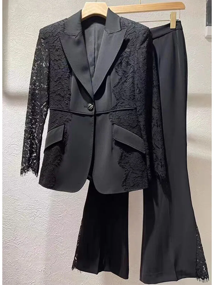 Imagem -04 - Mulheres Elegantes com Painel de Renda Blazer e Calças Flare Conjunto de Roupas Runway Designer High Street Mais Novo 2023