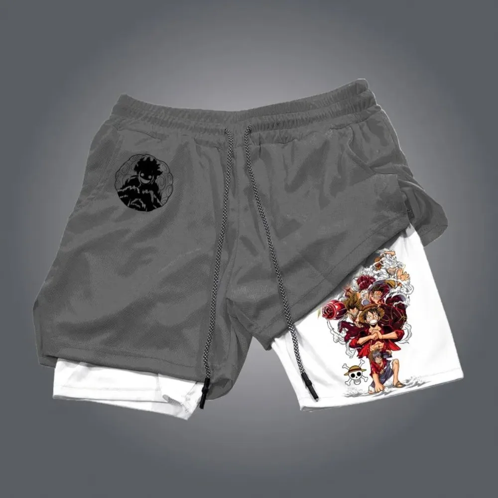 

One Piece Men's Double Shorts Monkey D. Luffy Japanese Anime Summer Fake Two-piece Sports Shorts 2-in-1 Quick-Drying Pants