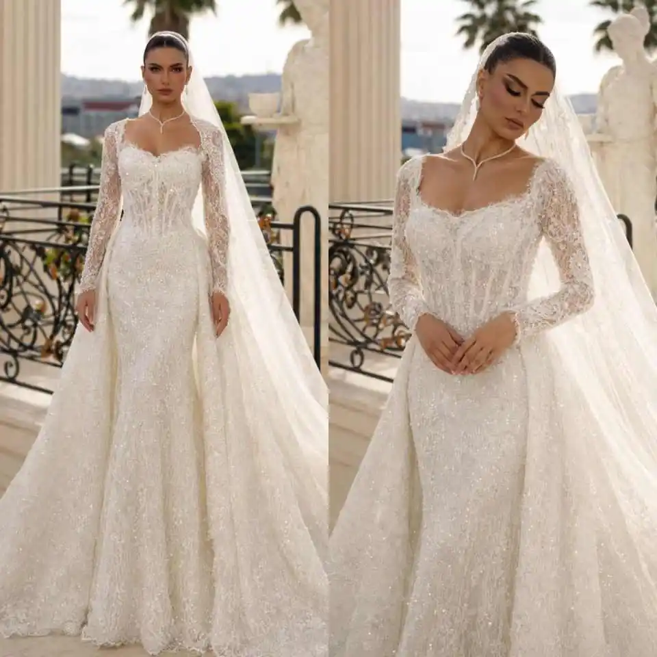 

Elegant Mermaid Wedding Dress With Veil Sequined Square Neck Bride Gowns Lace Detachable Sweep Train Bridal Dresses Customized