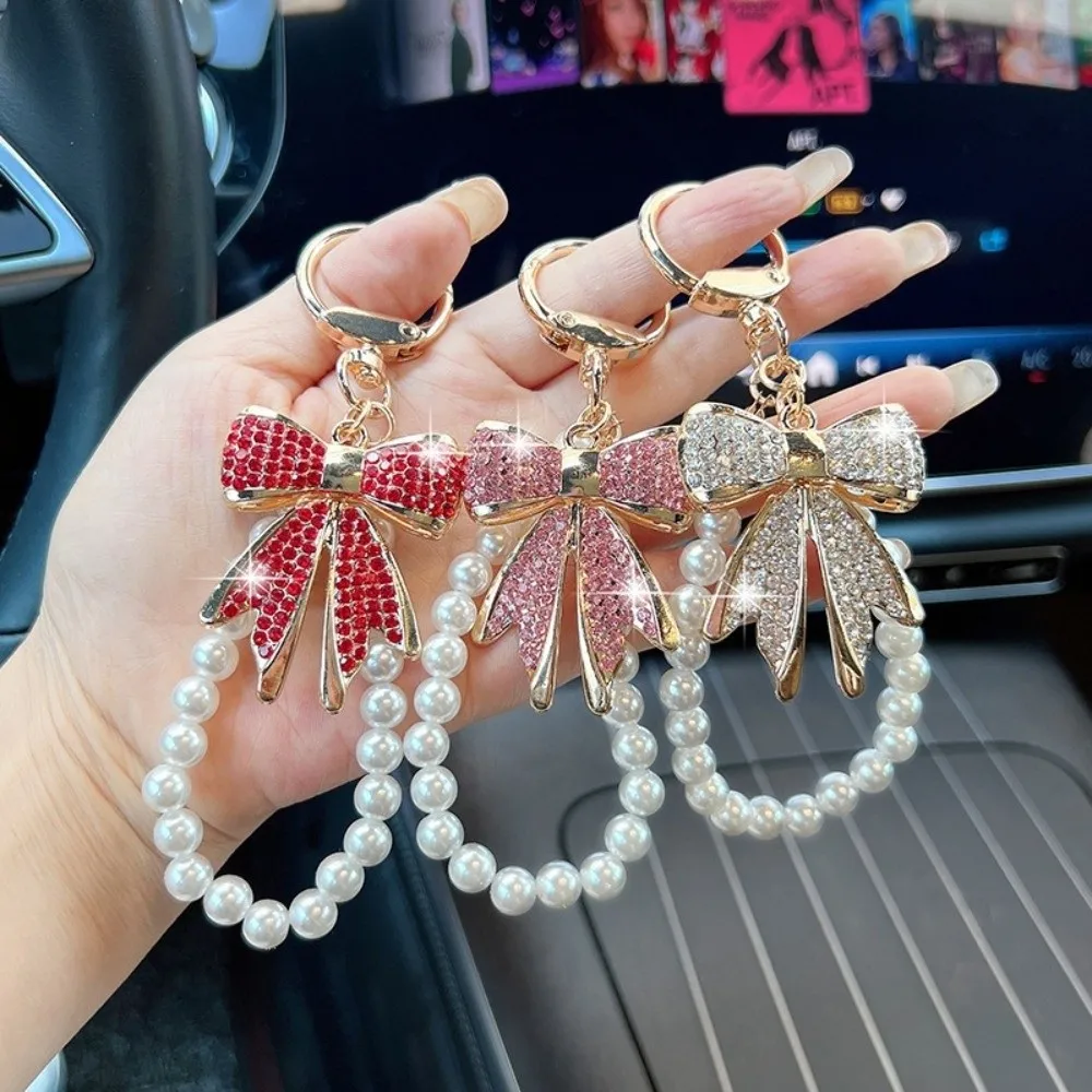 New Shiny Bow Rhinestone Bow Keychain Sparkling Colorful Pearl Keychain Detachable Bag Charm Women