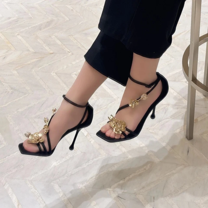 Summer French Square Toe Gold Rose High Heels Women\'s Stiletto Heel Celebrity Style Banquet One Line Buckle Sandals