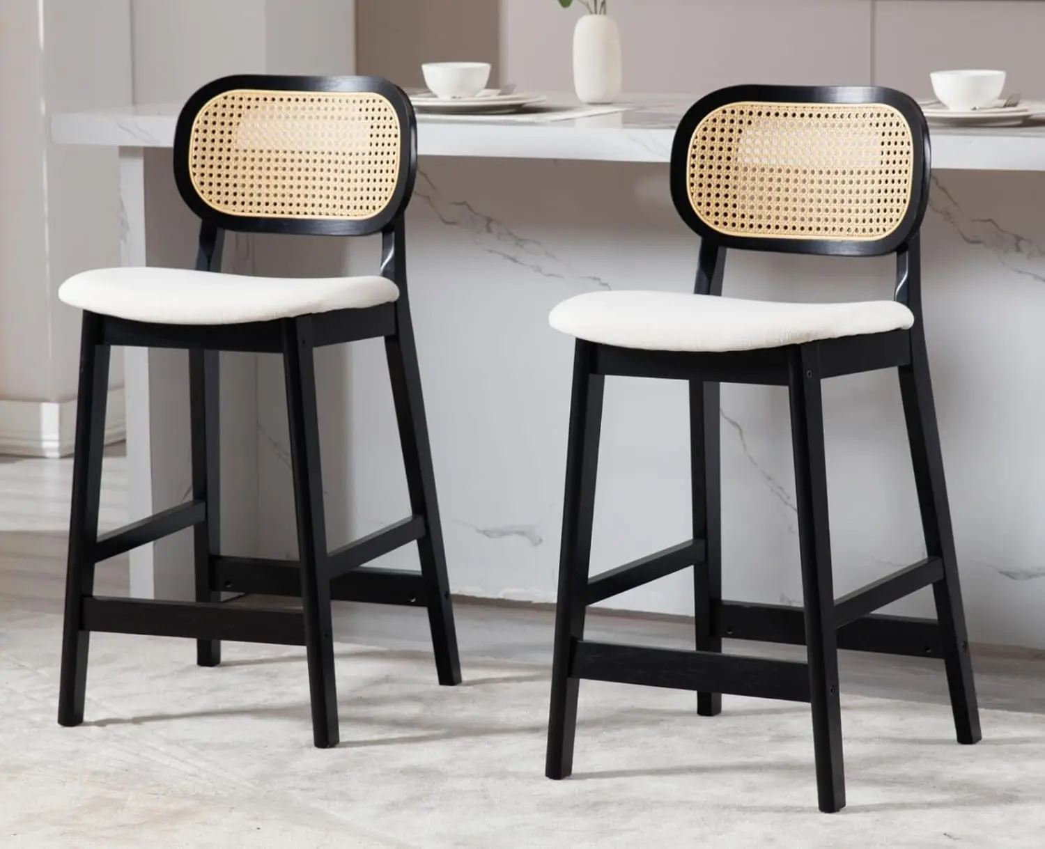 

CIMOTA Rattan Bar Stools Set of 2, Farmhouse Wood Barstools Boho Kitchen Island Stools Comfortable Upholstered Counter Height