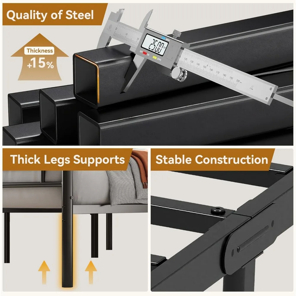Estrutura de cama dupla de metal clássico com suporte de ripas de aço e armazenamento embaixo da cama 12,5