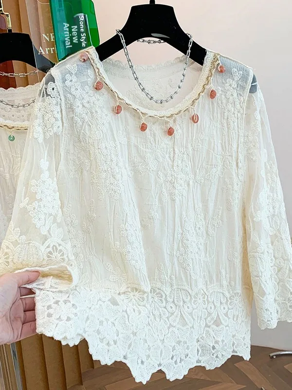

n Pure Cotton Embroidered Beaded Chiffon Top Women Summer Loose Casual Holiday Sle Trendy round Ne Svel Dr