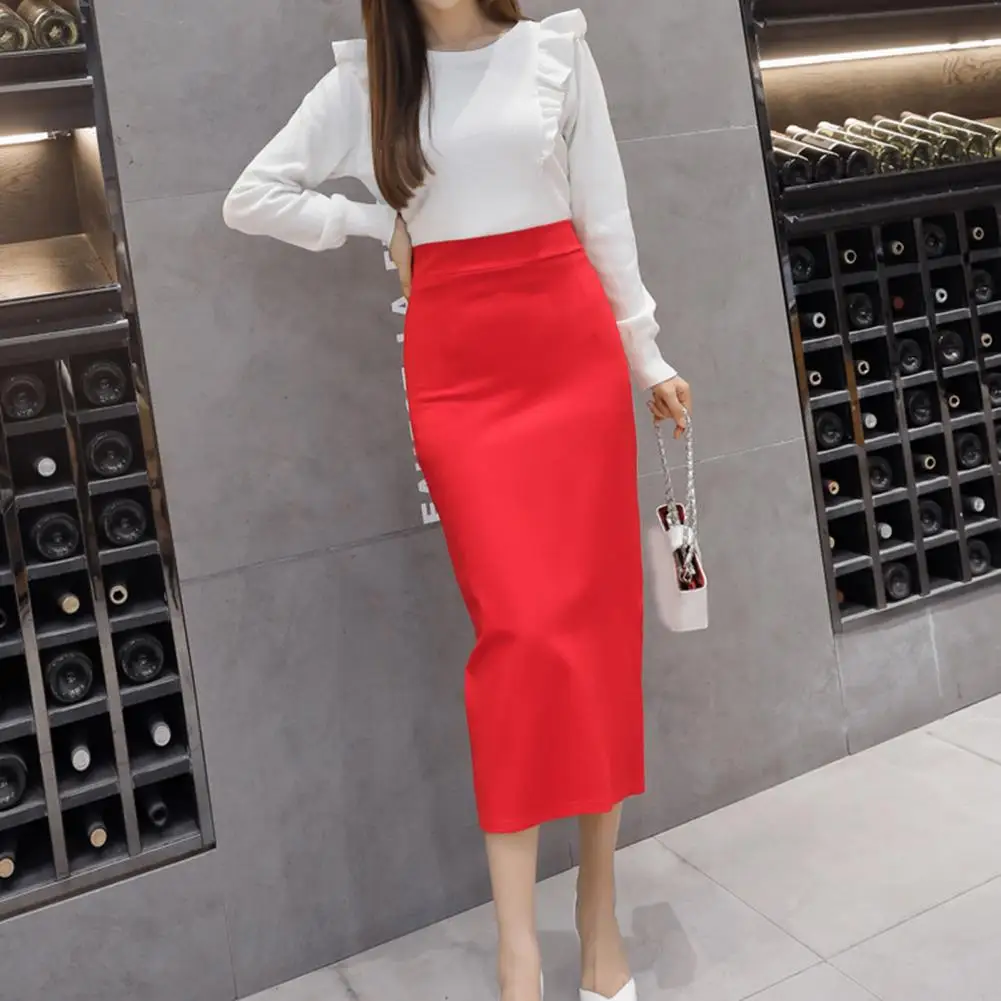 

Soft Skirt Stylish Women's High-waist Midi Skirt with Back Slit Design for Office Lady Elegant Solid Color for Curves for Every