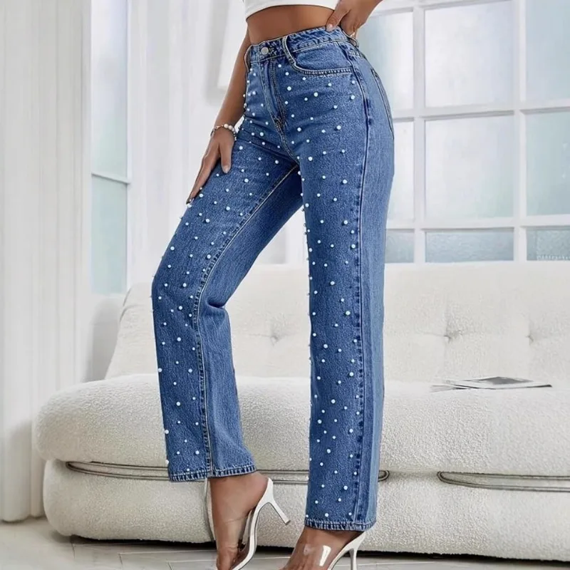 

Spring and Summer 2026 New Washed Denim Beaded Women's Trousers