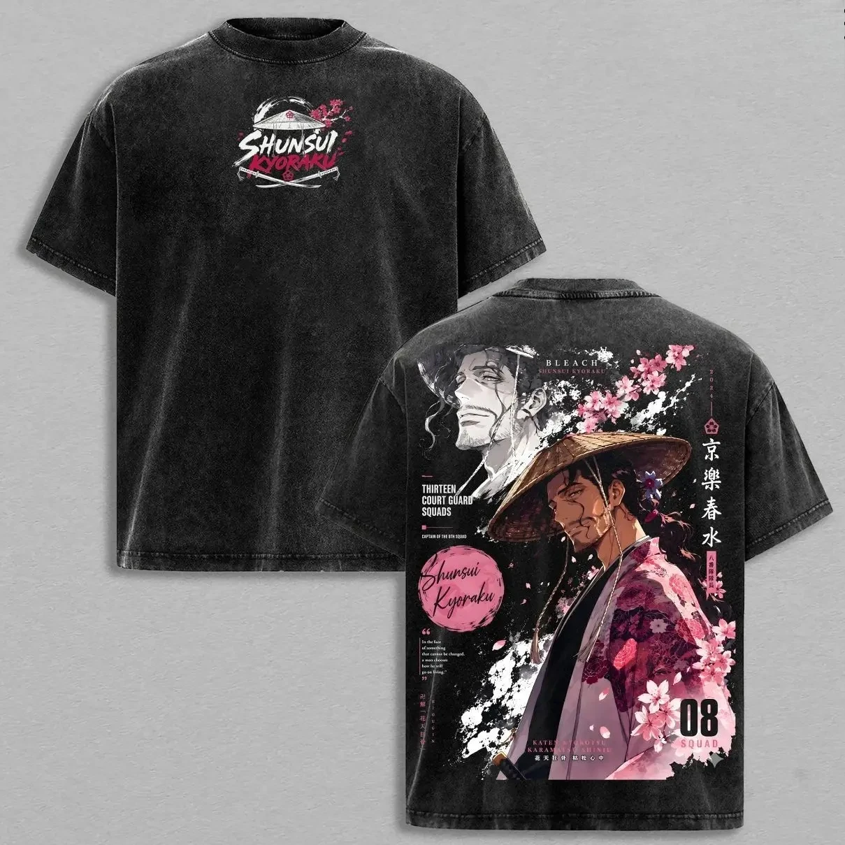 Anime BLEACH Kyoraku Shunsui T-shirt Harajuku Vintage Washed T Shirt Summer Short Sleeve O-Neck Cotton Tees Clothes Men Clothing