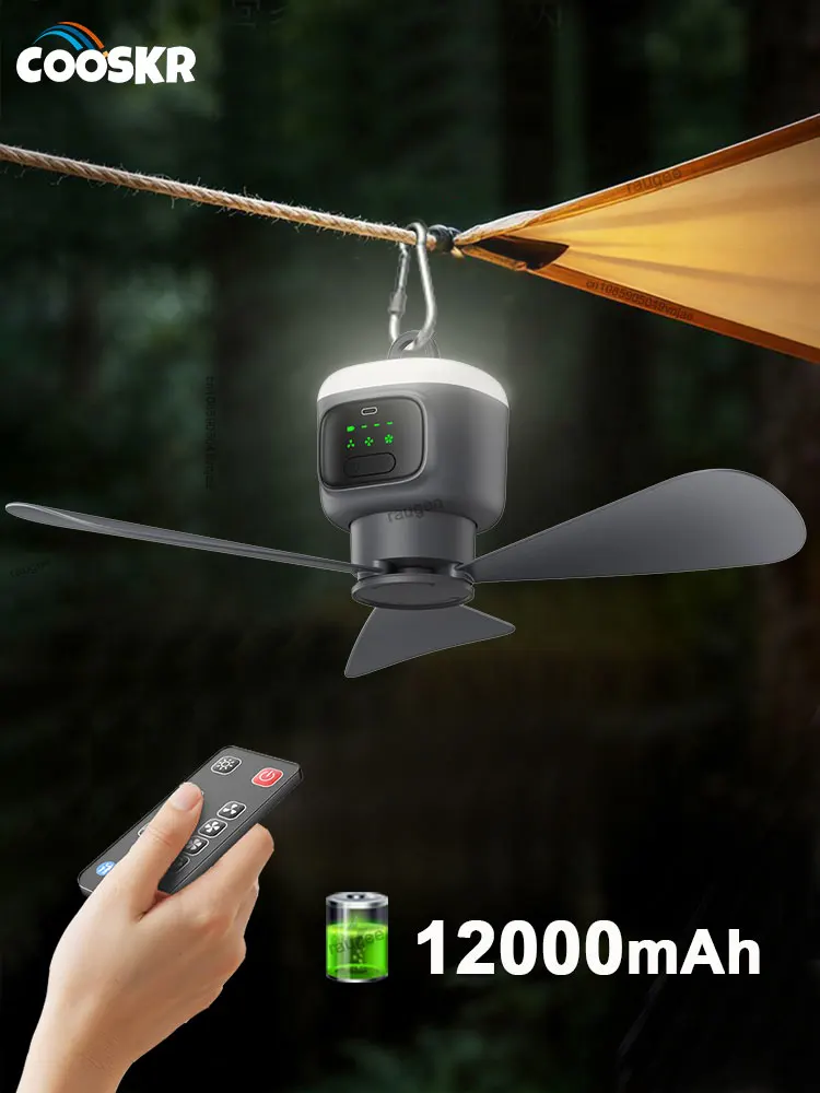 12000mAh tragbare Deckenventilatoren, Outdoor-Campingventilator, Zelt-Luftzirkulator, Kühler, wiederaufladbarer elektrischer Ventilator, LED-Licht, Fernbedienung
