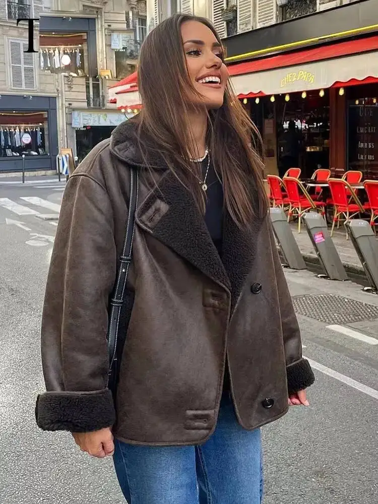 2023 Winter Women Warm Jacket Vintage Casual Solid Faux Leather Long Sleeve Coat Female Windbreaker Outwear Lapel Tops
