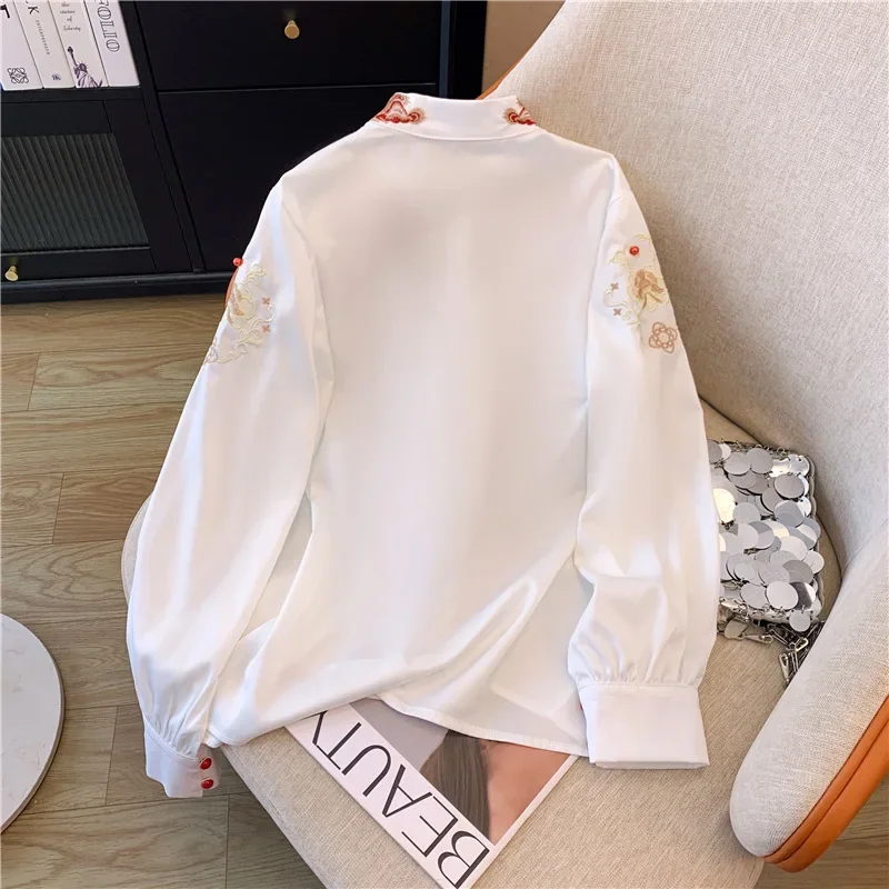 Chiffon Chinese Style Women's Shirt Summer Vintage Embroidery Blouses Loose Long Sleeves Women Tops Fashion Clothing 2024 Korean