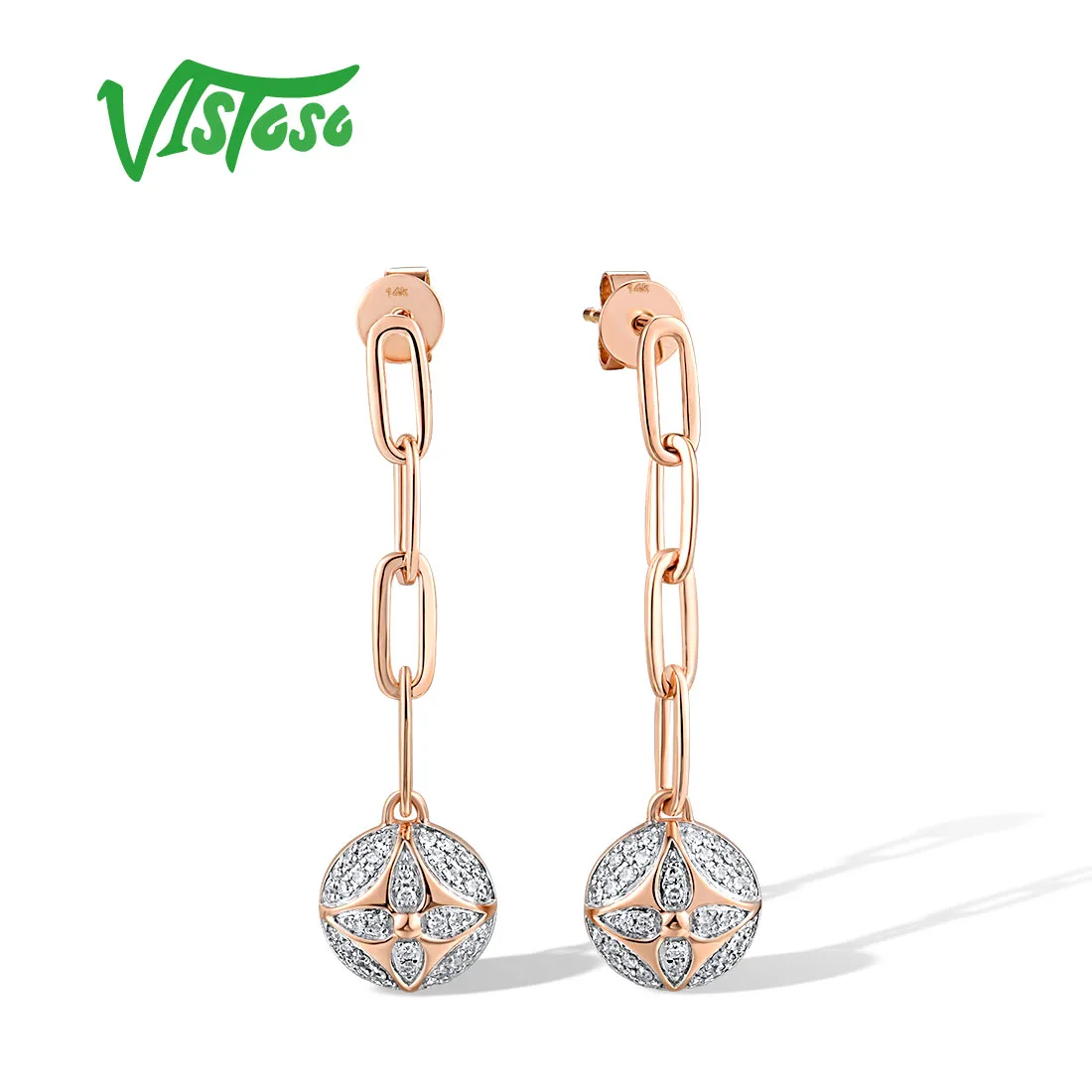 VISTOSO Genuine 14K 585 Rose Gold Stud Earrings For Women Sparkling Diamond Geometric Flower Dangling Elegant Gifts Fine Jewelry