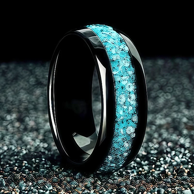 

Polished Dome Shaped Unique Ring Carved Daily Wedding Ring 8mm Men's Fashion Synthetic Aquamarine Stainless Steel Ring