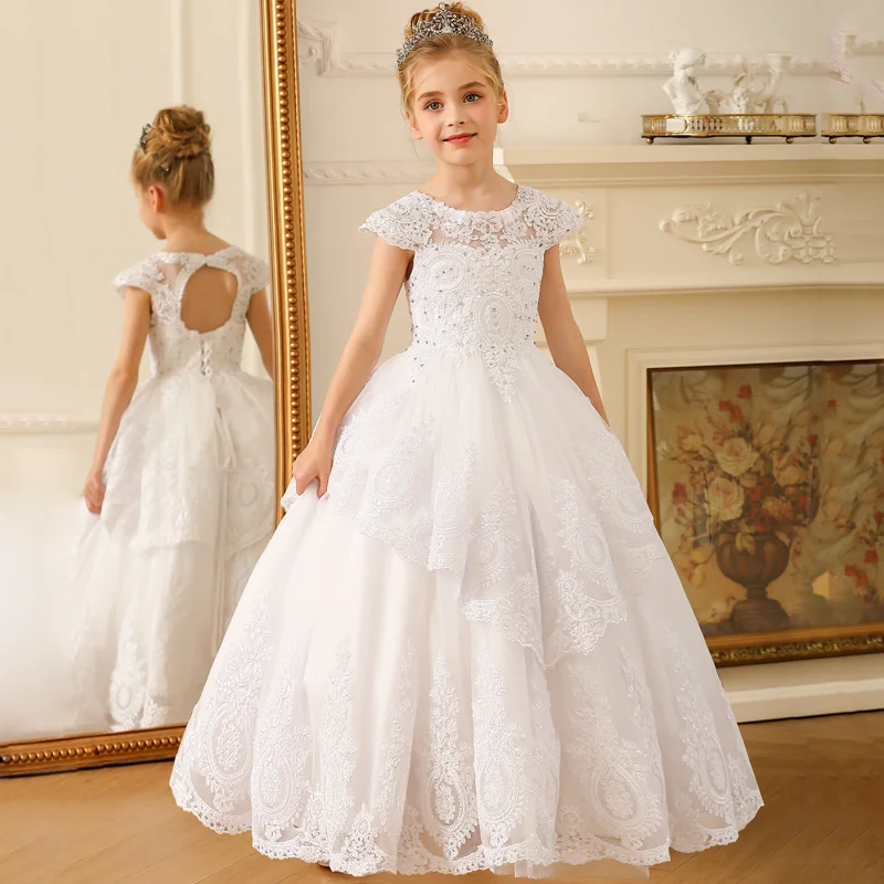 

Flower Girl Dresses White Tulle Lace Flory Appliques Sleeveless For Wedding Birthday Party Banquet Holy Communion Gowns