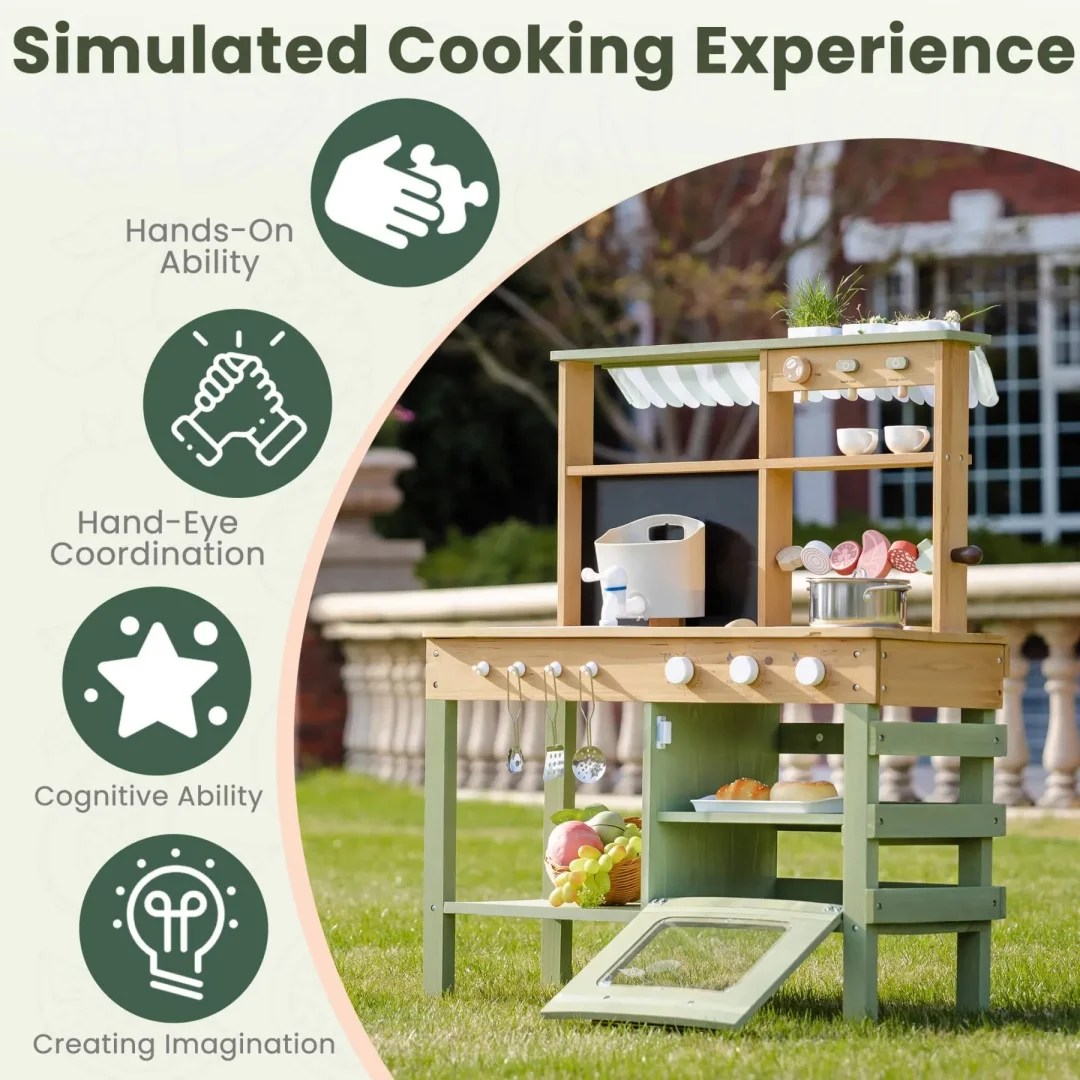 Robotime Robud Outdoor Play Kitchen Houten Monteeori-speelgoed voor kinderen buiten vanaf 3 jaar Groen