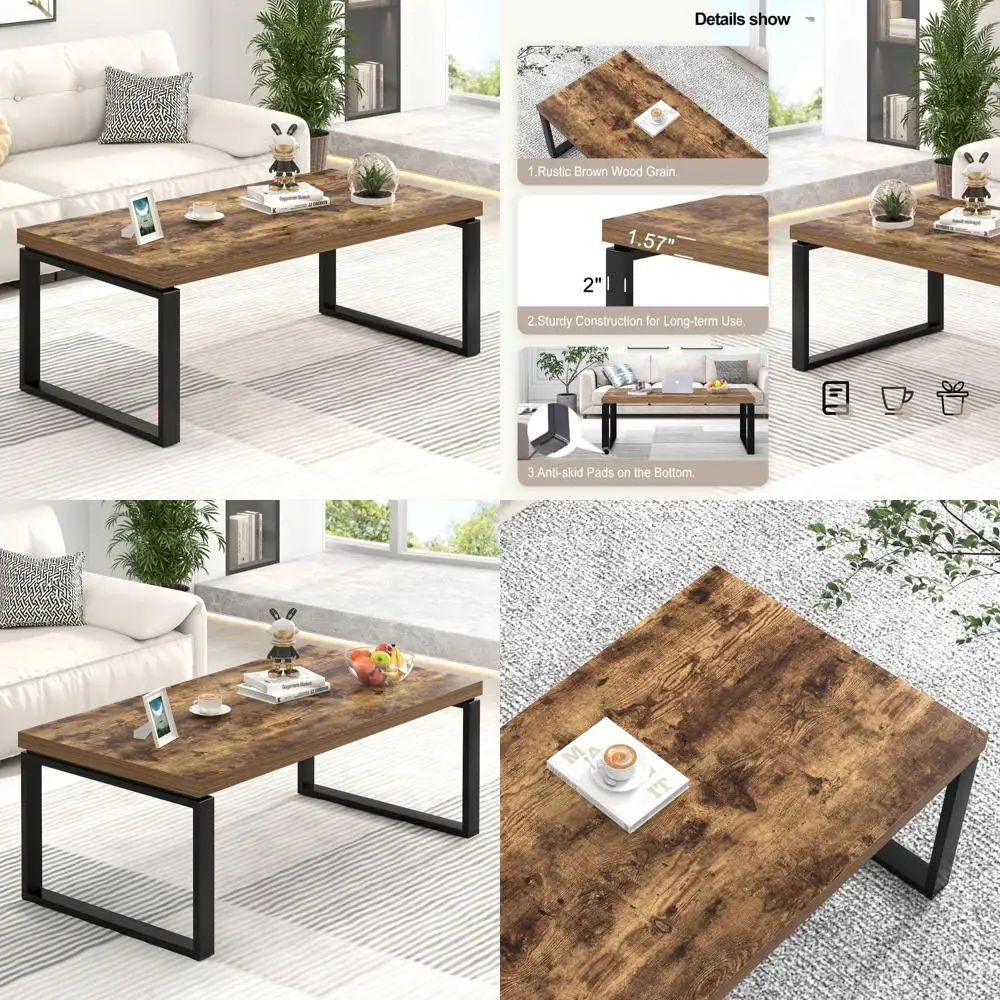 

Industrial Style Rectangular Coffee Table with Wood and Metal for Living Room and Home Office