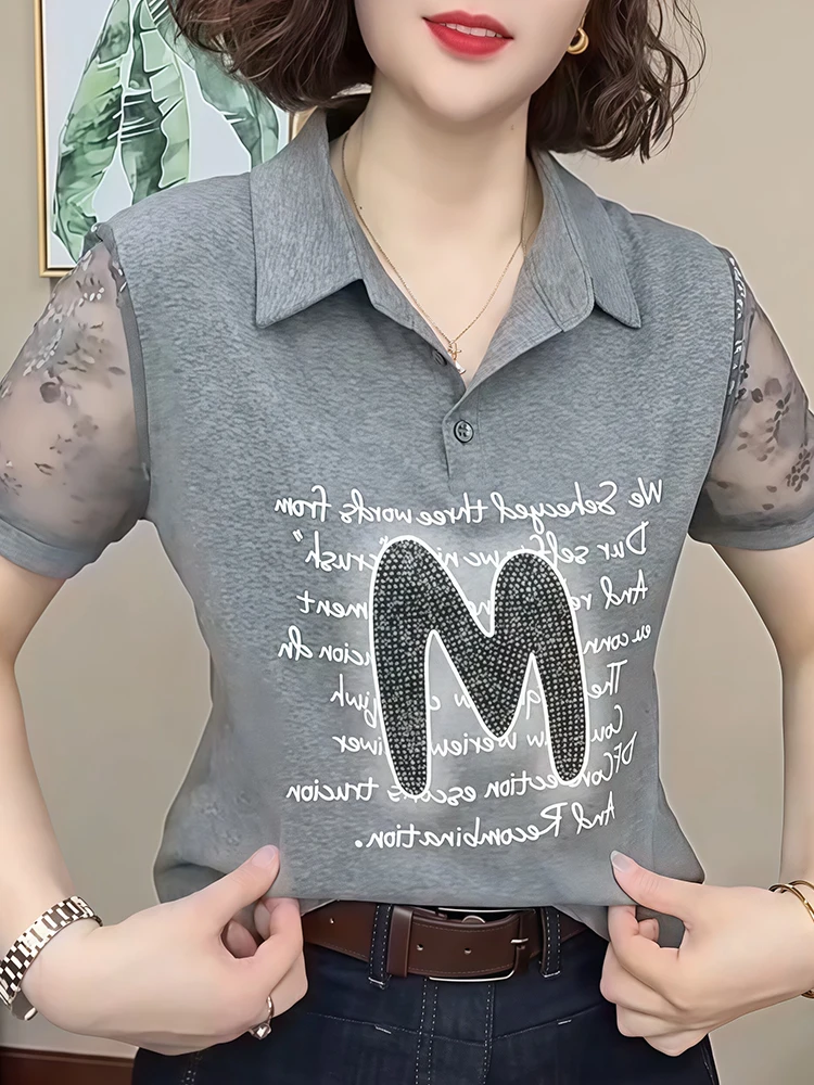 2025年夏新作 レディース カジュアル ポロカラー 半袖Tシャツ 超可愛い 若見え レタープリント トップス