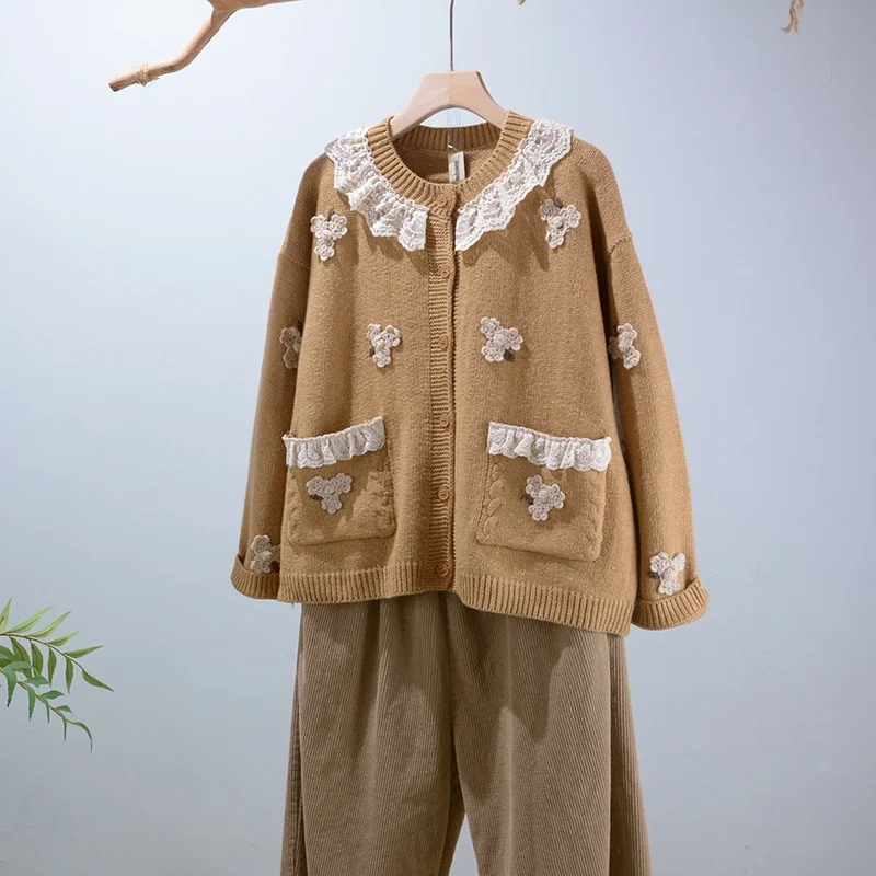 

Long Sve Sweater 202 Autumn Winter Splicing Embroidery Lace College Sle Trendy Top Coat Forest Girl Series Lace