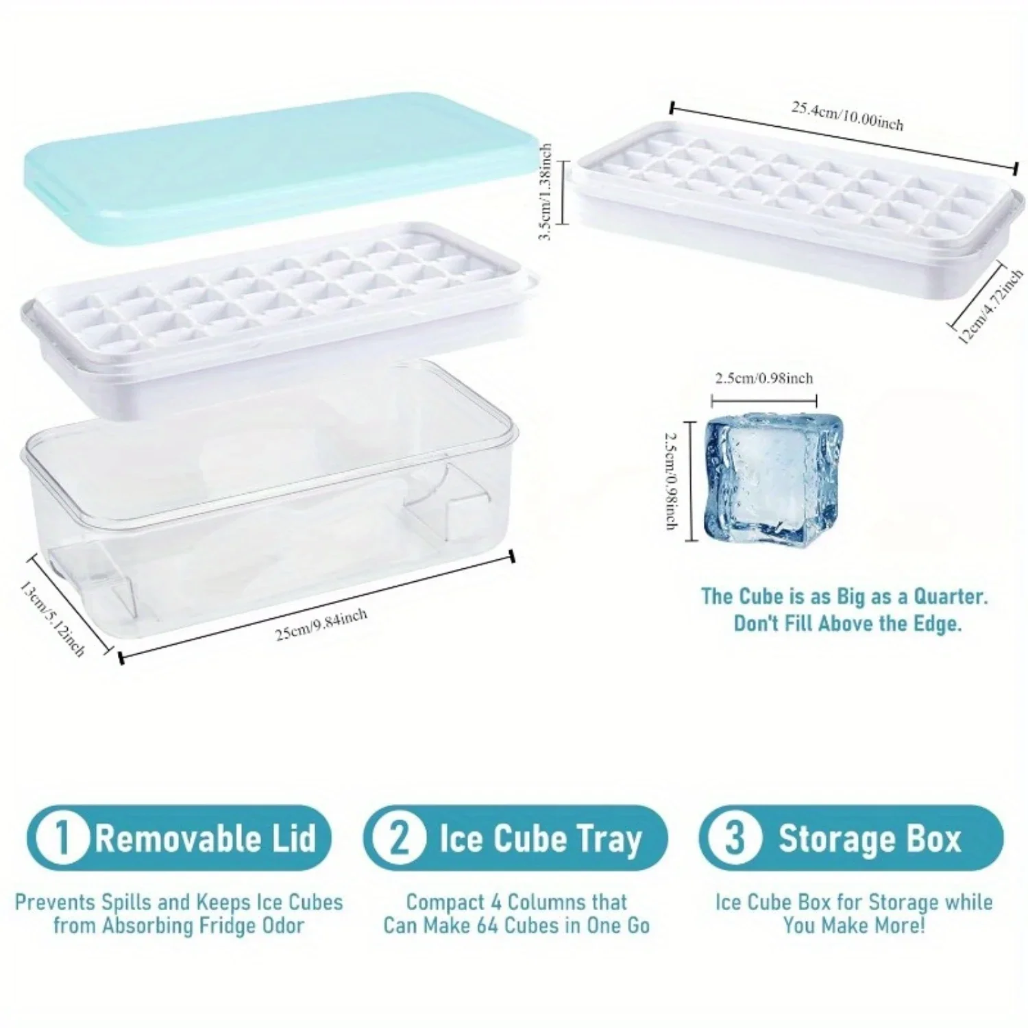 Effortless -Out 64-Piece Ice Cube Tray Set With Lid, Bin & Scoop - Easy Release Freezer Molds For Soft Drinks, Whiskey, Cockta