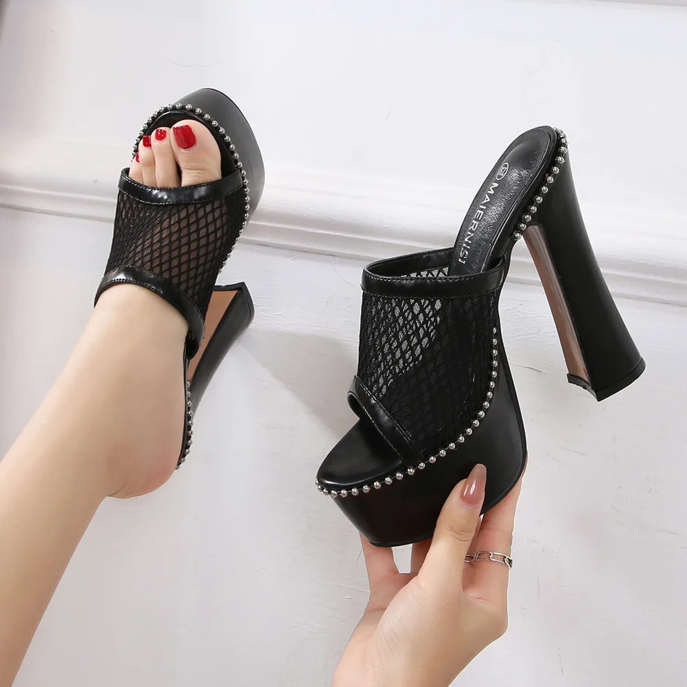 2026 European And American Mesh Waterproof Platform Small Size High Heels Thick Heels Outside Fairy Fashion Flip Flops Sandals