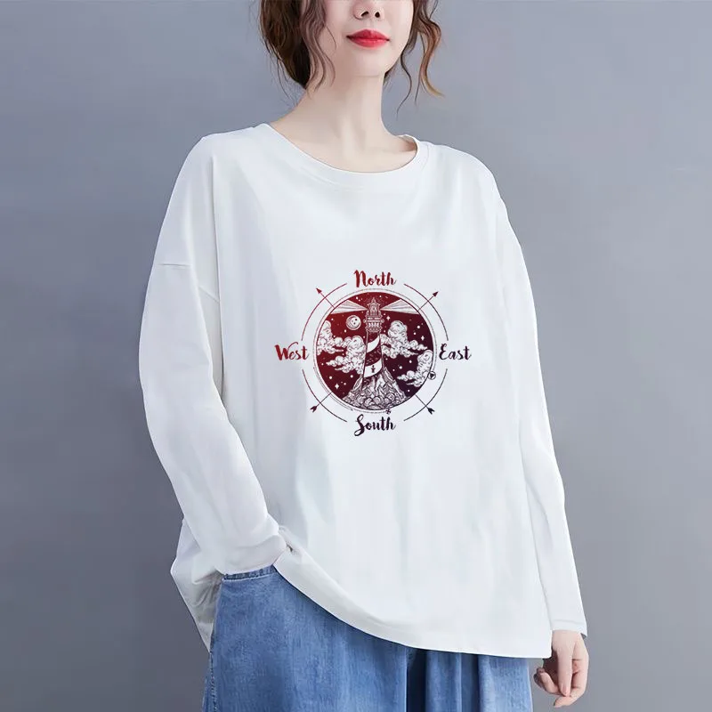 

Oversize Plus Size T Shirt Nautical Map Print Women Autumn Winter White T-shirt Casual Long Sleeve Top Female Cartoon Clothing