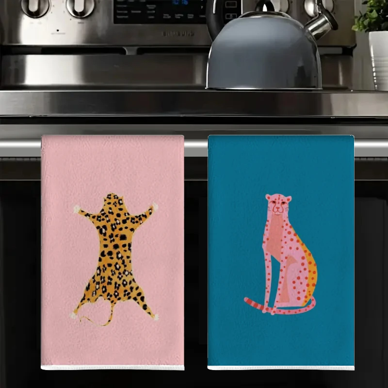 2Pcs, Pink and Blue Double Leopard Kitchen Towels, 40Cm*60Cm Towel Set, Best Kitchen Towels, Super Absorbent Soft Cleaning Cloth, Cooking and Baking Tea Towels, Hand Towels, Cleaning Cloths, Dishcloths, Kitchen Decor, Living Room Decorations, Kitchen Essentials, Home Essentials