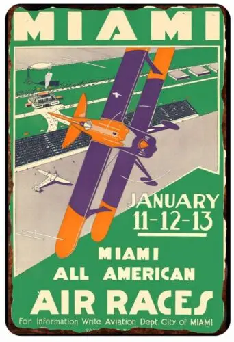 1pcs Miami Air Races Airpalne Advertising 1930 All Metal Tin Sign  8 x 12