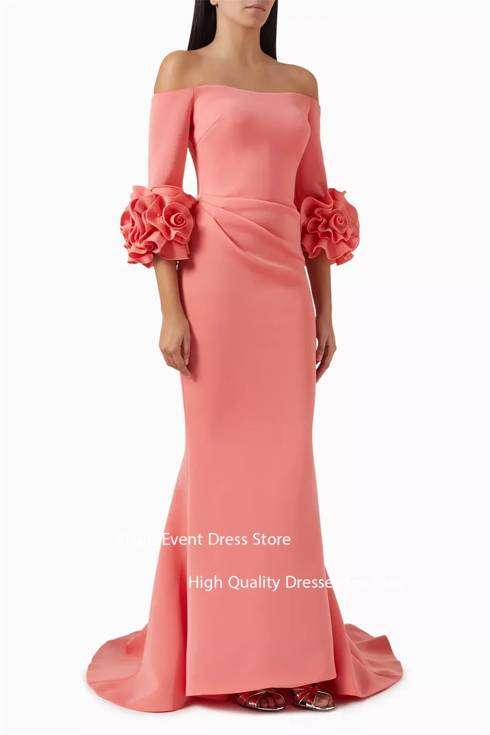 Xikuo Abendkleid aus rotem Satin mit drapierter Schleppe, schulterfrei, Robe de Soirée, gerüschte Blumenärmel, formelle Partykleider, individuell gestaltet