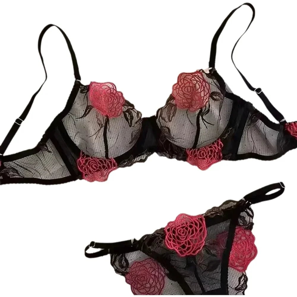 

Women Push Up Bra Lace Sheer Mesh Transparent Steel Ring Bralette Daily Wear Sexy Lingerie Set Plus Size S-XL 32-38