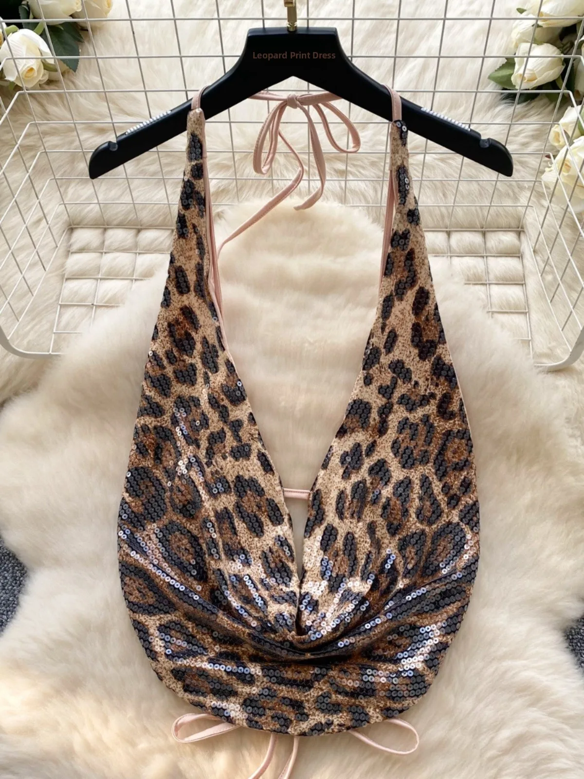 

Sexy Trendy Girl Set Women's Low Ne Hanging Ne Leopard Print Sequin Top Skirt Bodycon Dr Faionable Ensemble