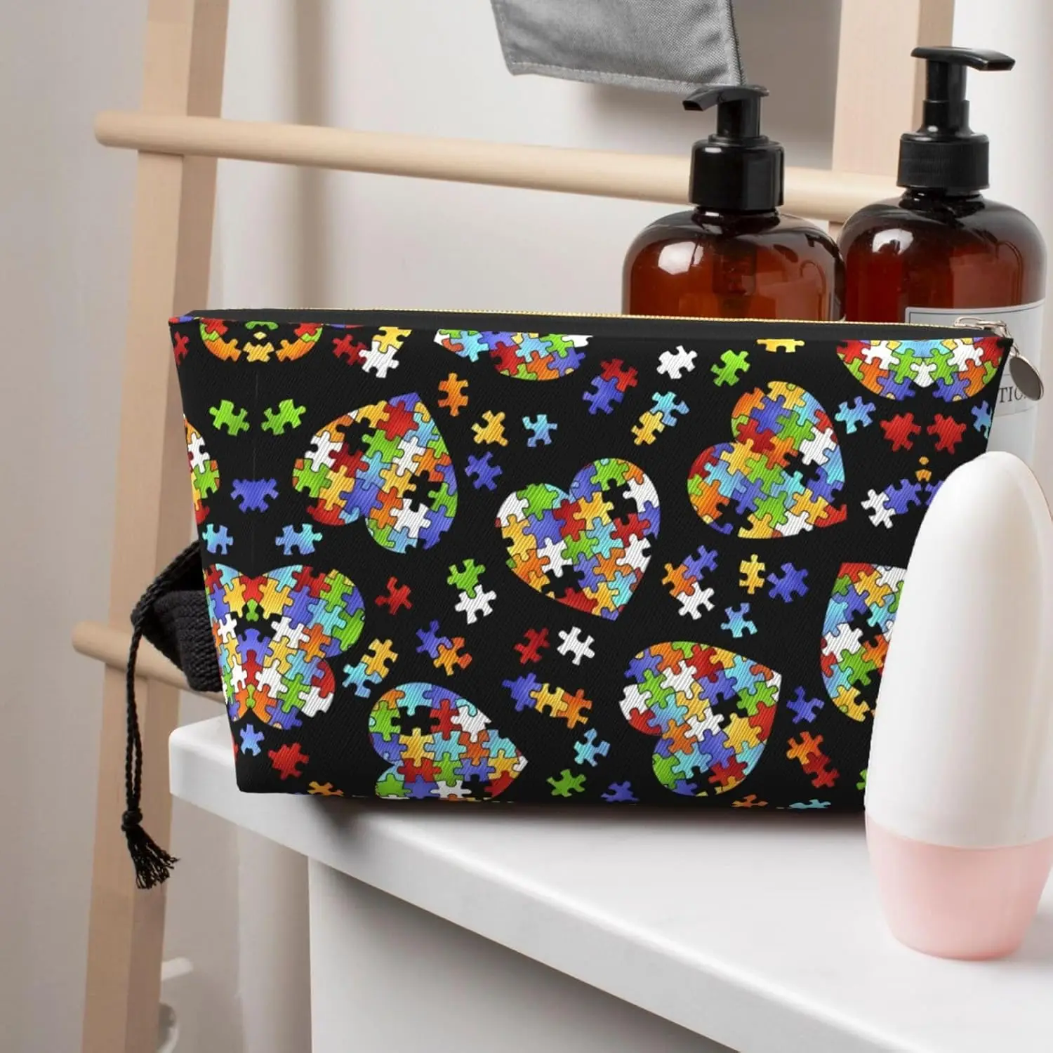 Mm-Trousse de toilette de voyage en cuir, pièces de puzzle de sensibilisation au tisme, accessoires de maquillage cosmétiques réutilisables, poudre à fermeture éclair