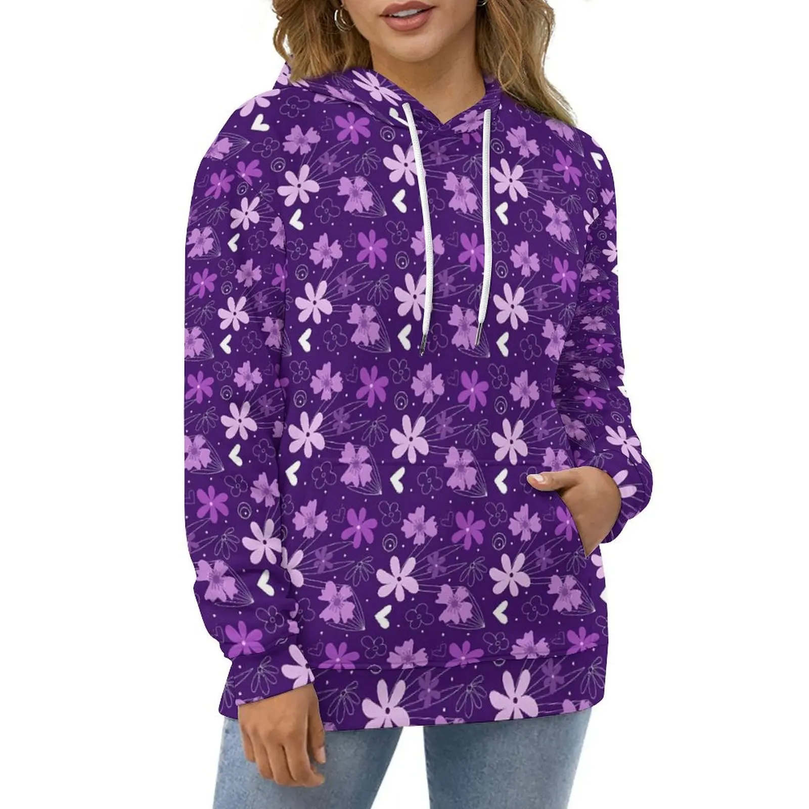 Purple Floral Print Hoodies Long-Sleeve Daisy Flower Casual Pullover Hoodie Winter Hip Hop Oversized Graphic Loose Sweatshirts