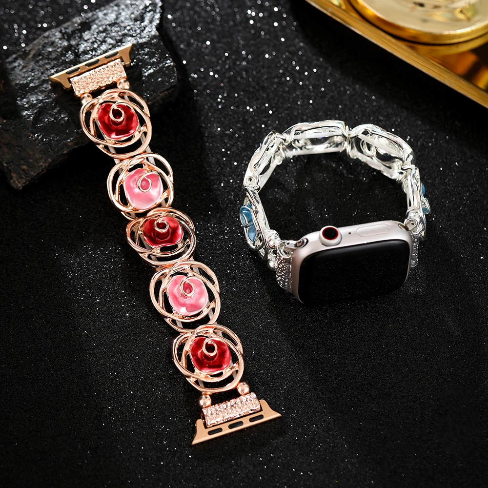 Cinturino con fiore rosa cavo per Apple Watch Ultra 49mm 38 40 41 42 44 45mm Bracciale elastico da donna per iWatch 9 8 7 SE 6 5 4 3