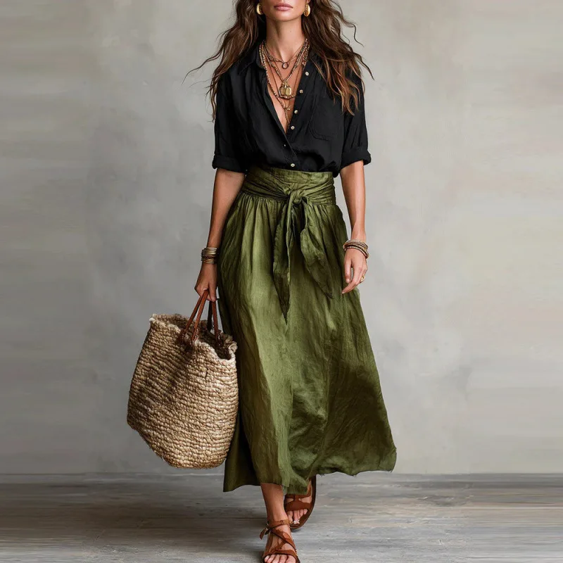 

Women's 2026 Spring And Summer New Loose And Versatile V-neck Waist With Ruffle Edge Style Dress Two Piece Set