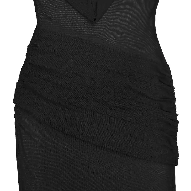 GUWU Fashion Sleeveless Pleated V-neck Low Cut Maxi Long Dress Sheer Mesh Sexy Night Party Club Wear Women's Dresses