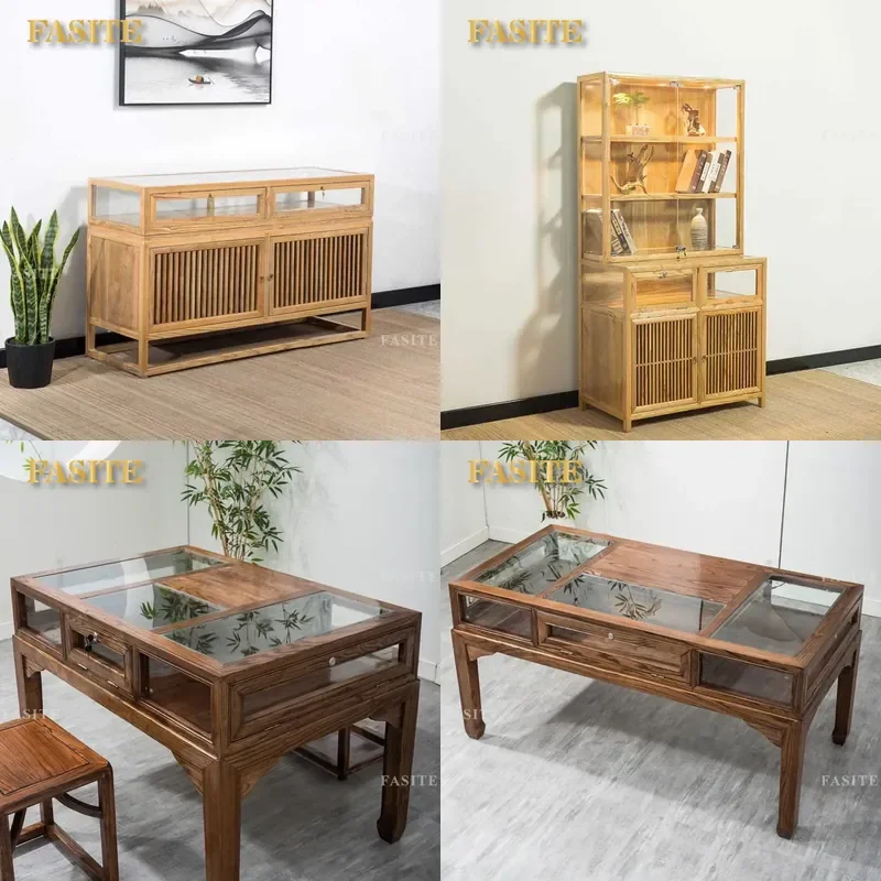 For Chinese Solid Wood Jewelry Showcase Transparent Glass Counter Retro Jade Wenwan Zhongdao Display Tea Leaves Storage