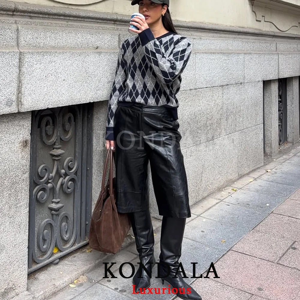 KONDALA Vintage Diamond Knit Sweaters Women V Neck Long Sleeve Loose Tops Fashion 2025 Autumn Winter Thick Warm Pollovers Casual