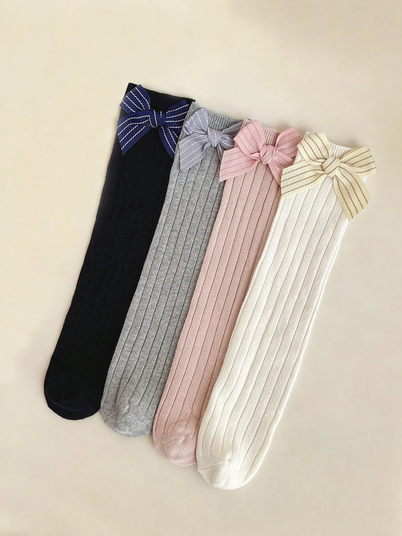 4 Pairs of Girls' Solid Color Striped Stockings with Striped Bow Decorations, Soft and Comfortable Socks for 1-7 Year Old School Girl Outfits