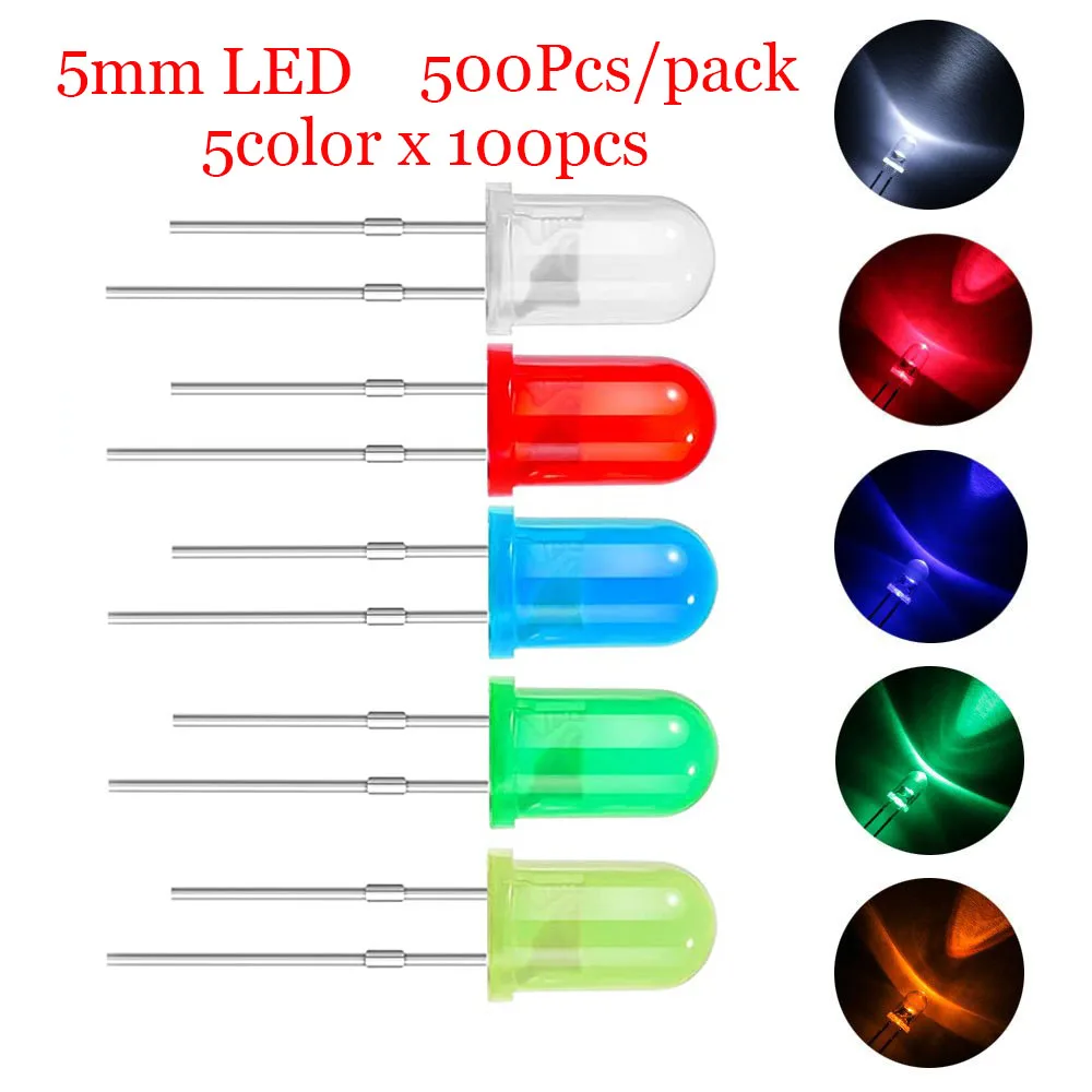 500pcs/pack 5 colors each 100pcs White Red Green Blue Yellow 5mm LED Diode Mixed Color Assorted Kit Set