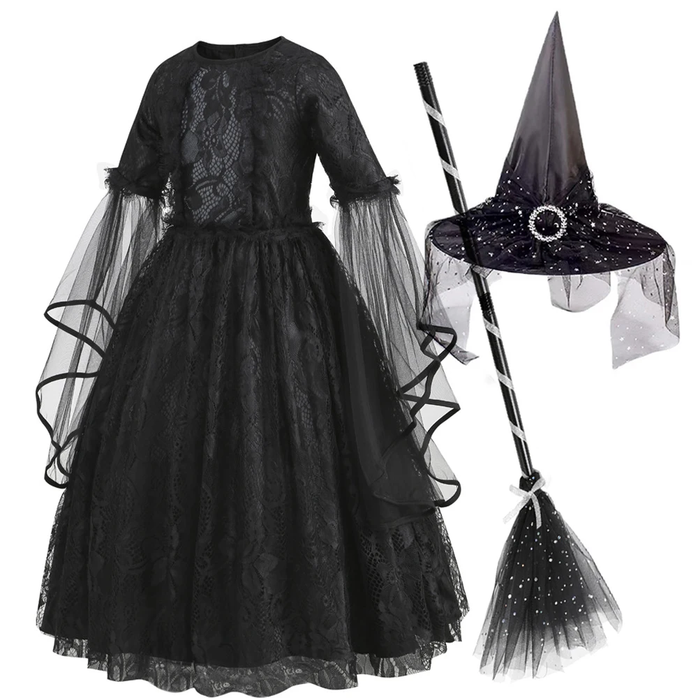 Girls Black Gothic Lace Long Dress Kids Long Sleeve Witch Vampire Costume for Halloween Cosplay Theme Party image 6