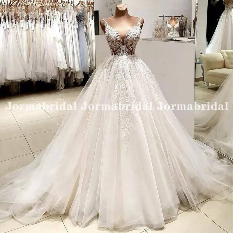 Ilusão apliques com decote em v vestidos de casamento 2022 nova princesa vestido de baile vestido de noiva cinta espaguete inchado tule vestido de noiva personalizado