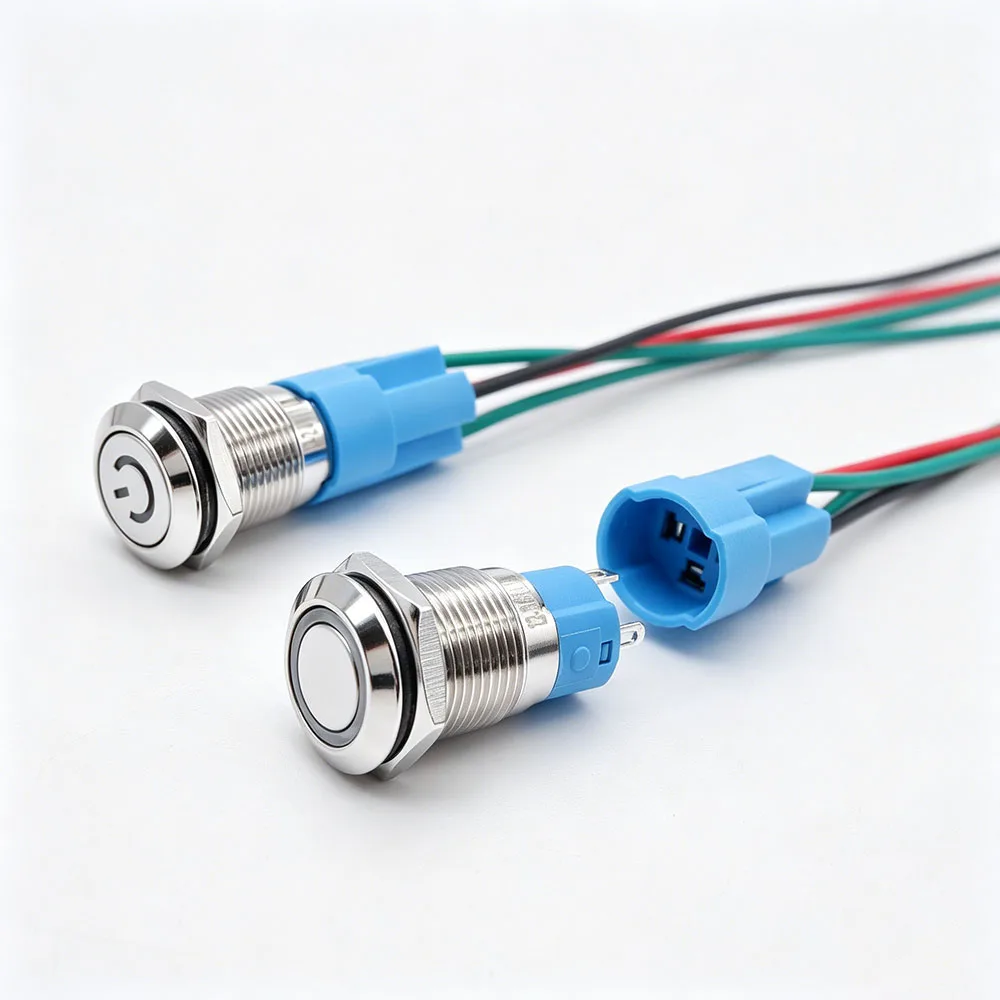 12mm Waterproof Metal Push Button Switch With Connector With/NO LED Light Car Engine PC Power 3V 12V 24V 220V Momentary Latching