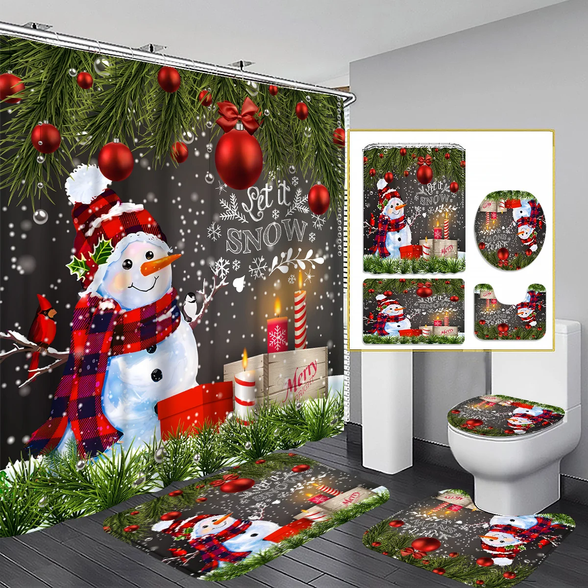 

Christmas Snowman Bathroom Set - Waterproof Shower Curtain, Ultra-Soft Floor Mats, Toilet Lid Cover, and Contour Mat