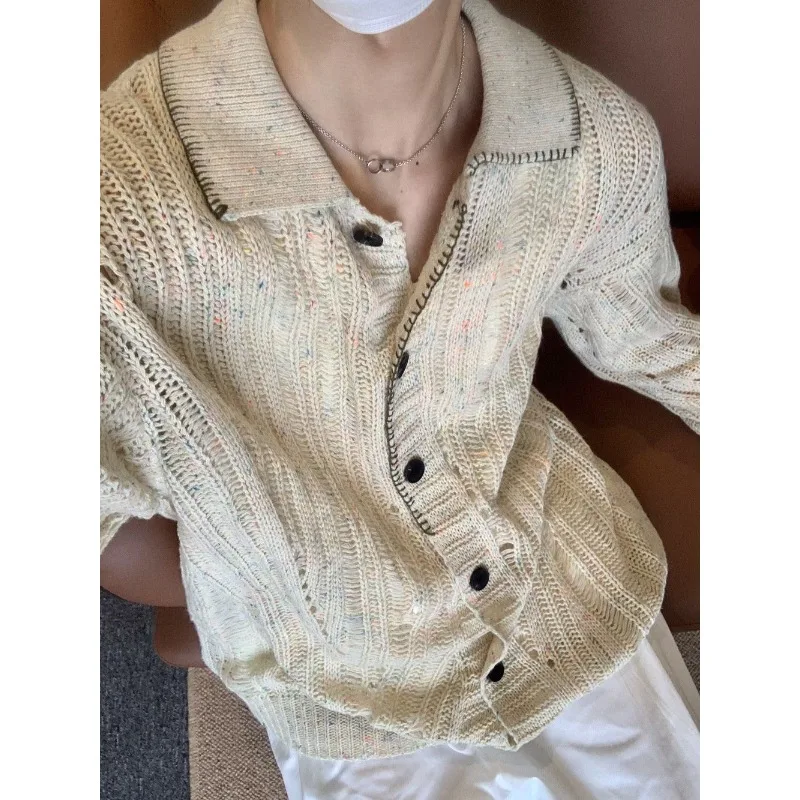 Japanese Lazy Style Knitted Cardigan Sweater for Men's Spring Turn-down Collar Long Sleeve Hollow Simple Coat Loose Casual Tops