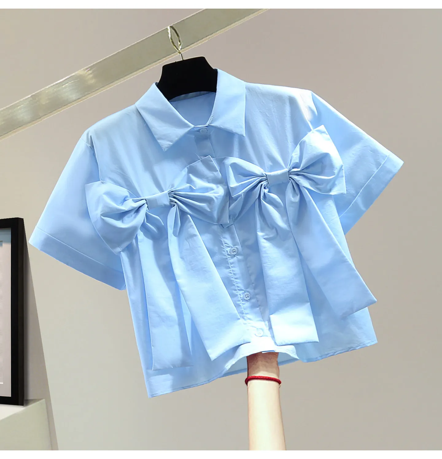 

Heavy Industry Bow Short Sleeve Shirt, 2026 Summer Slimming Look High Waist Pure Color Casual Blouse Trendy, Women's Blue Top